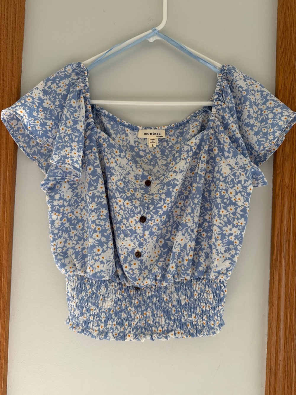 monteau Light Blue Floral Button-Front Smocked Waist Top